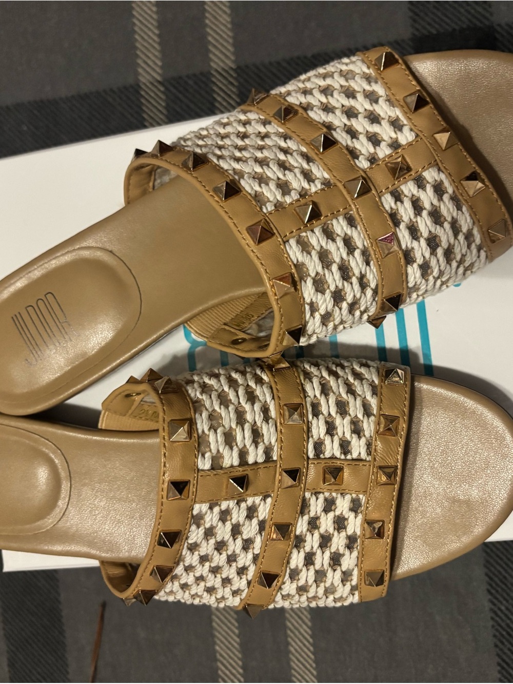 Stud-Trim Woven Slide Sandals - Tan & Cream